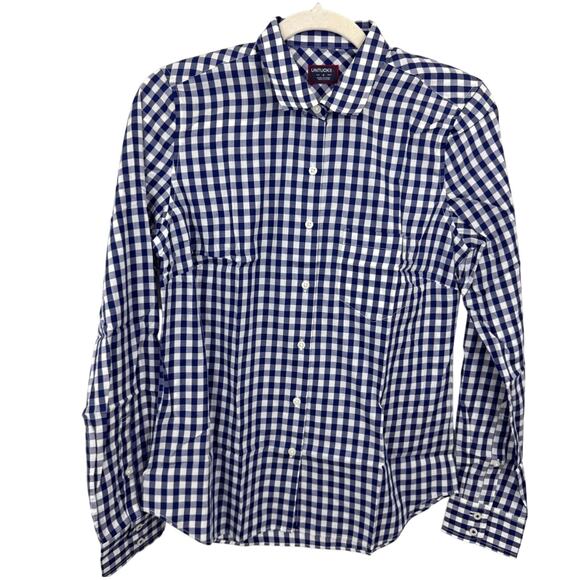 UNTUCKIT Belleza Button Up Long Sleeve Blue White Gingham Shirt Size 16 - Picture 2 of 5